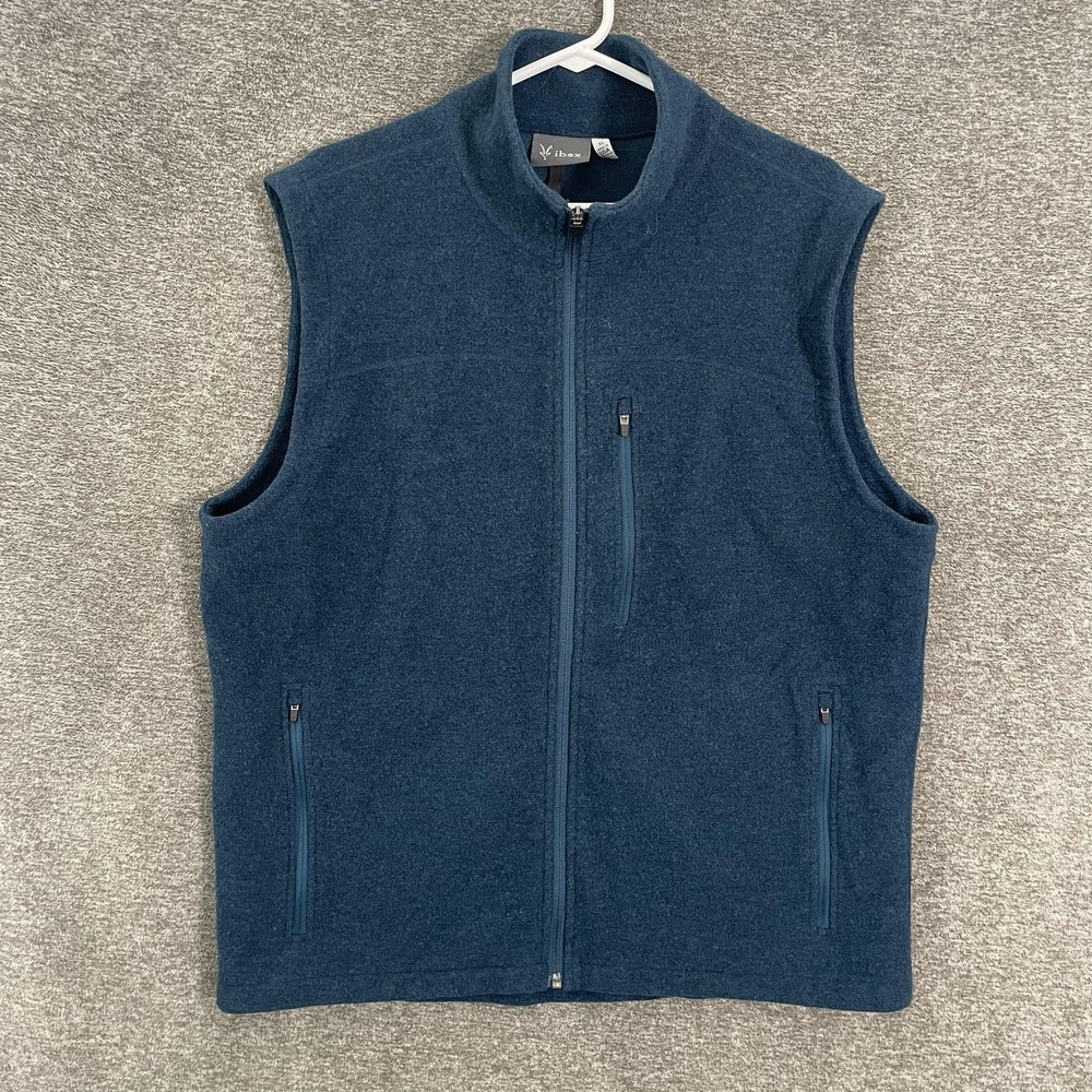 Ibex Vest Mens XL Blue Merino Wool Fleece Full Zip Pockets Made USA Outdoor